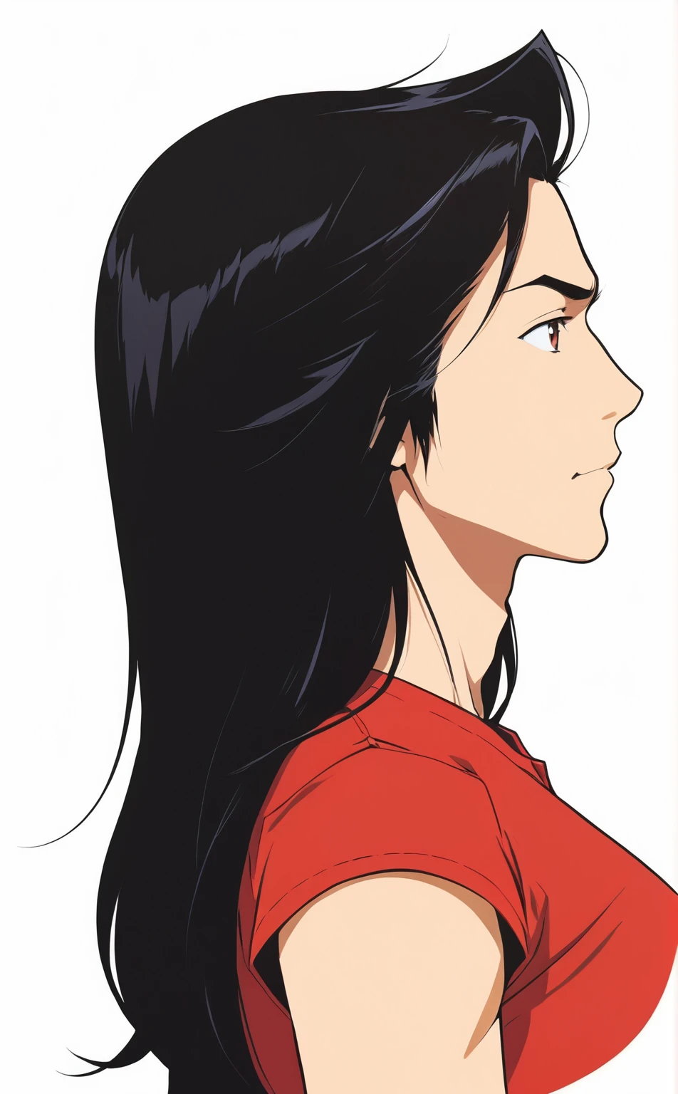 A man in a red shirt、Man with long black hair的漫画, Side pose, Profile of a woman, upper body avatar, Profile portrait centered, Half body headshot, Head side, Side profile centered, Turn your head to the side, Half-length portrait, Man with long black hair, Turn your head, Avatar Profile Picture, Side profile centered portrait