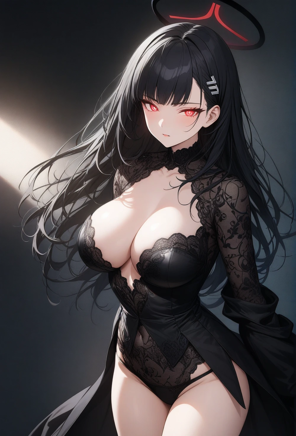 best quality, amazing quality, very aesthetic, absurdres, 1girl, rio (blue archive), blue archive, red eyes, black hair, strapless, (artist official art:1.5), (intricate), (narrowed eyes), (cowboy shot), (concept art:1.5), panties, (thigh, , glowing eyes:1.4), expressive eyes, perfect face, extremely detailed anime illustration, extremely detailed eyes, enhanced details, perfect anatomy, light rays, photo background, extremely delicate body, smooth skin, feminine expression, (black background:1.5), cristal clear eyes, beautiful face, big breasts