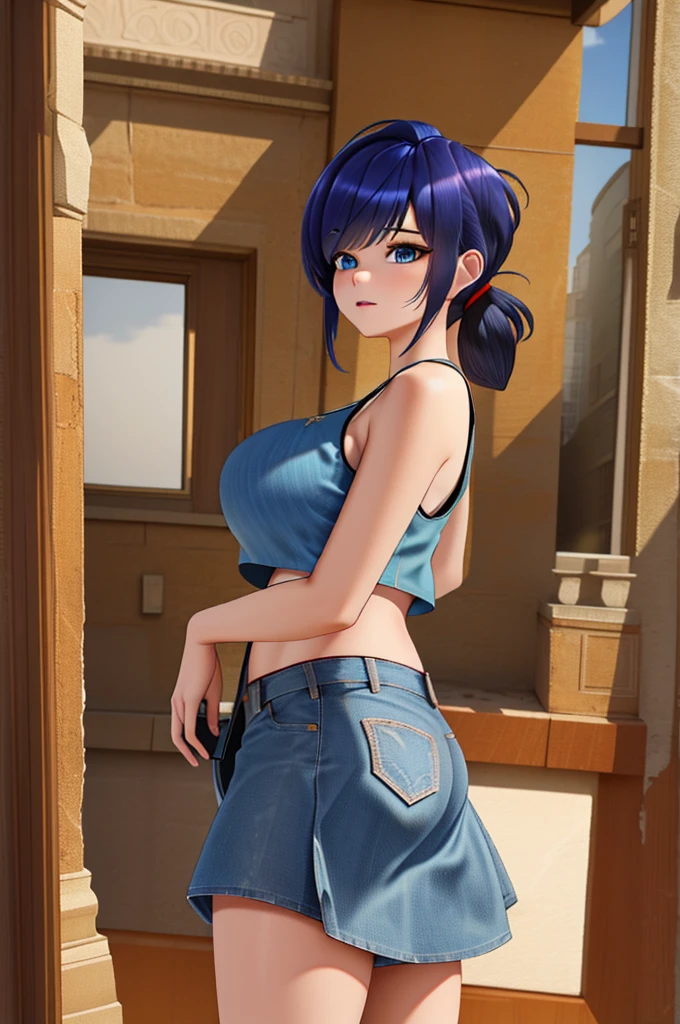 (8k, RAW photo, best quality, masterpiece:1.2), (intricate details), perfect eyes, perfect face, perfect lighting, beautiful, (masterpiece:1.2), (best quality:1.2), 1girl, solo, marinette, blue hair, (( hair in ponytail, bangs over one eye )), adult torso, 19 years old, huge sized breasts, (tank top, denim jacket, blue skirt,) cowboy shot, 3DMM, standing, front view, 