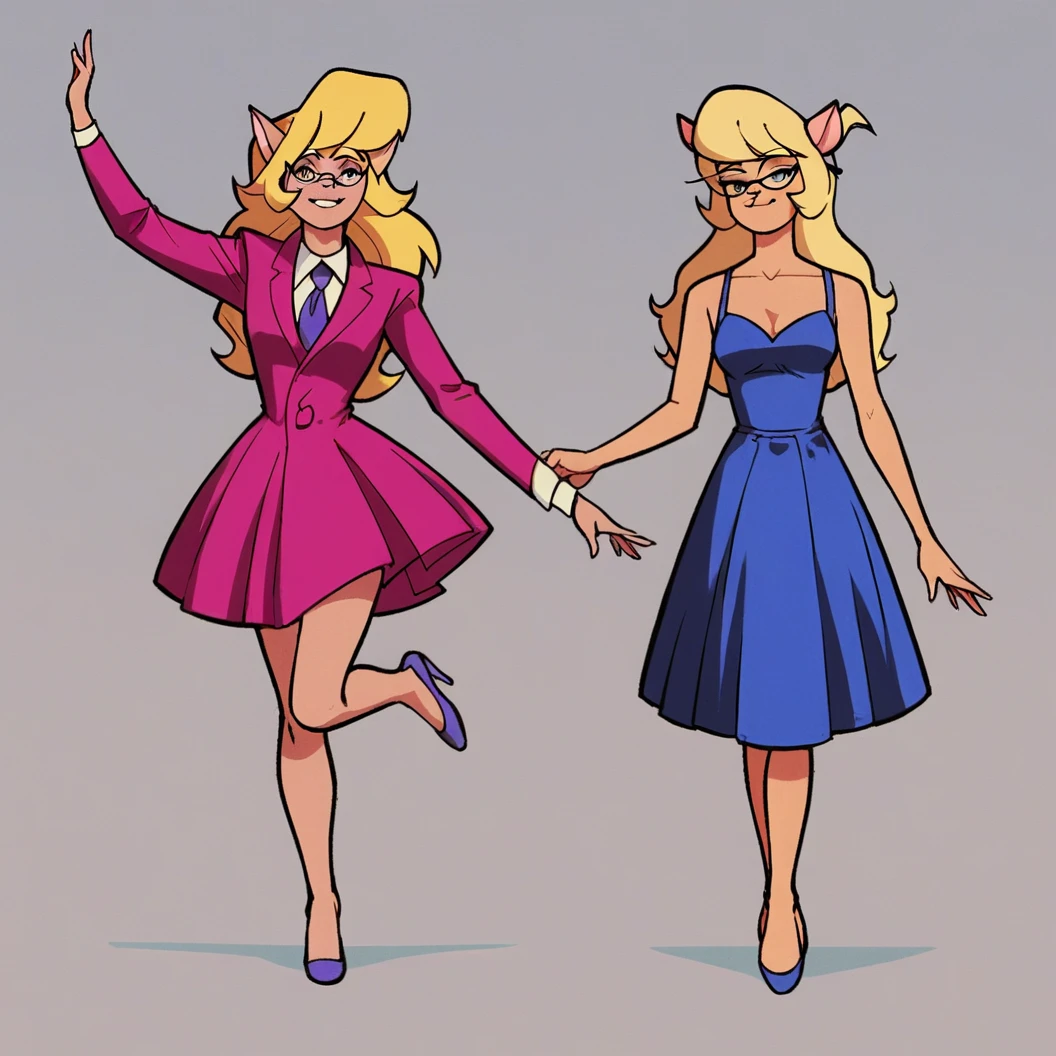 score_9, score_8_up, score_7_up, score_6_up, score_5_up, score_4_up, (Source furry), (rating safe), dance studio, standing, glasses, callie briggs, detailed, detailed fur, front view, ballerinas, 2girls, duo, tutu dress, ballet dance, pirouette, having fun, short dress, long legs