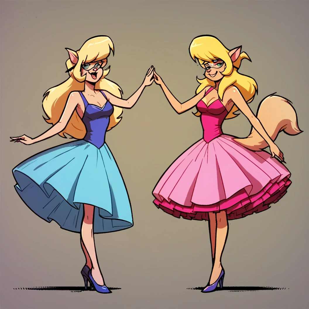 score_9, score_8_up, score_7_up, score_6_up, score_5_up, score_4_up, (Source furry), (rating safe), dance studio, standing, glasses, callie briggs, detailed, detailed fur, front view, ballerinas, 2girls, duo, tutu dress, ballet dance, pirouette, having fun, short dress, long legs