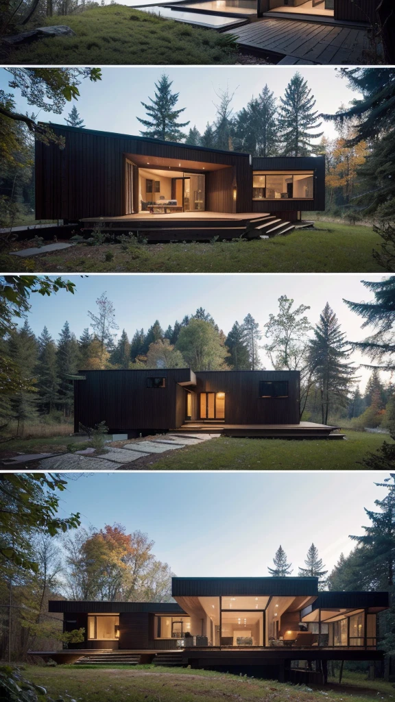 a black house in the woods with a lot of windows, minimalistic house in the wood, modern house in the wood, house in forest, house in the wood, build in a forest near of a lake, mix with rivendell architecture, sloped site, the house in the forest, mid - century modern, mid-century modern, unique architecture