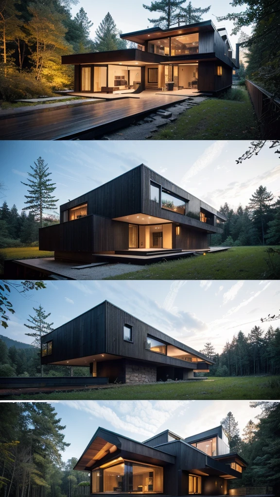 a black house in the woods with a lot of windows, minimalistic house in the wood, modern house in the wood, house in forest, house in the wood, build in a forest near of a lake, mix with rivendell architecture, sloped site, the house in the forest, mid - century modern, mid-century modern, unique architecture