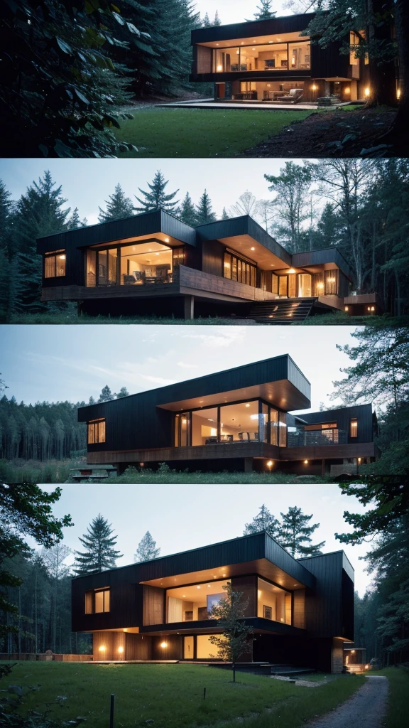 a black house in the woods with a lot of windows, minimalistic house in the wood, modern house in the wood, house in forest, house in the wood, build in a forest near of a lake, mix with rivendell architecture, sloped site, the house in the forest, mid - century modern, mid-century modern, unique architecture