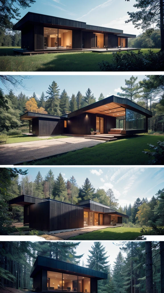 a black house in the woods with a lot of windows, minimalistic house in the wood, modern house in the wood, house in forest, house in the wood, build in a forest near of a lake, mix with rivendell architecture, sloped site, the house in the forest, mid - century modern, mid-century modern, unique architecture