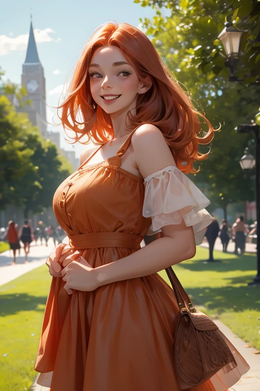 perfect face, perfect hands. A copper haired woman with copper eyes and small breasts in a summer dress is posing in the park with a big smile