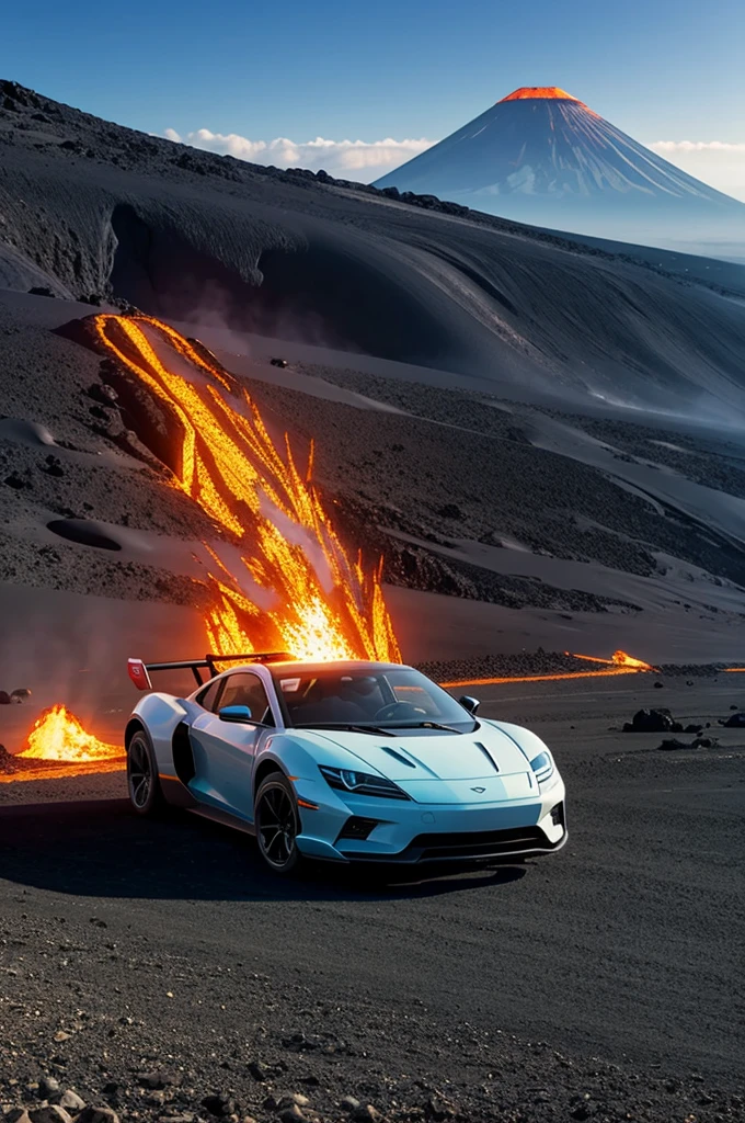 Draw a flying car flying across a volcano epically. Theme, futuristic