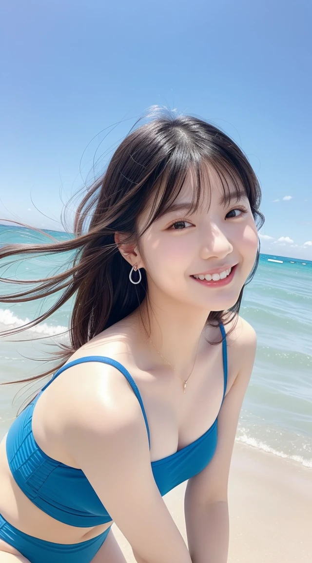 a girl wearing tiny blue sample earring, At the beach, sea, blue sky, sea breeze, half body shoot, Korean, KPOP, happy smile, group, white skin, black hair, jewelry, commercial advertising, white background, laser gradient background, subsurface scattering effect