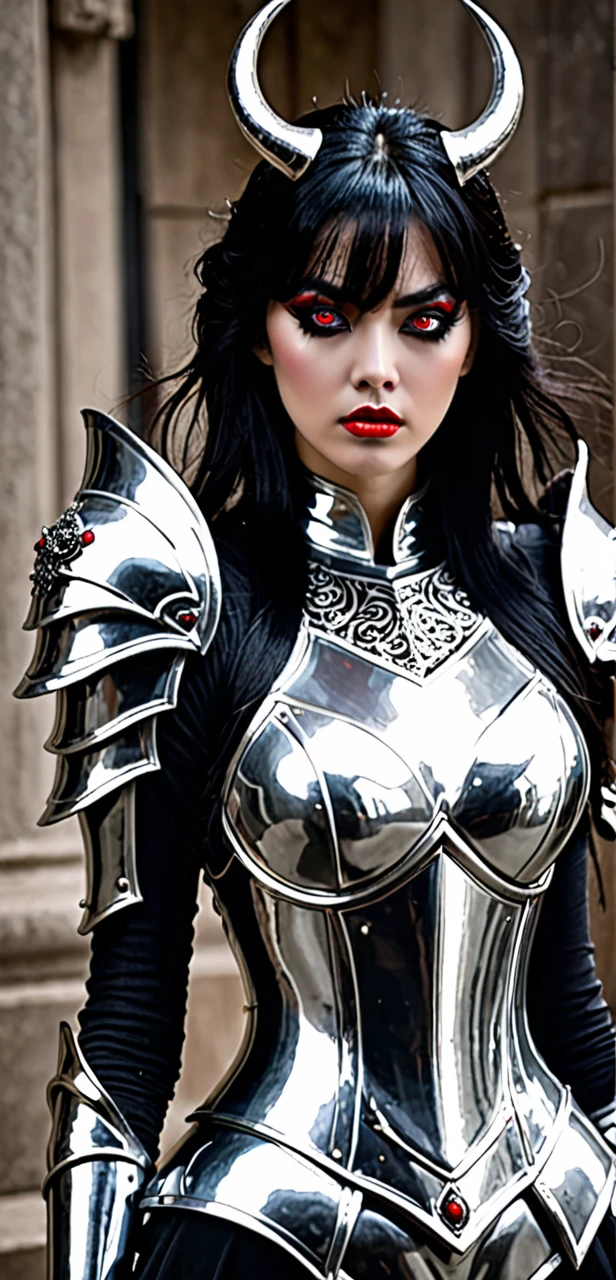 Miss Nightmare shocking real picture she wears a silver armor and black hair and red eyes