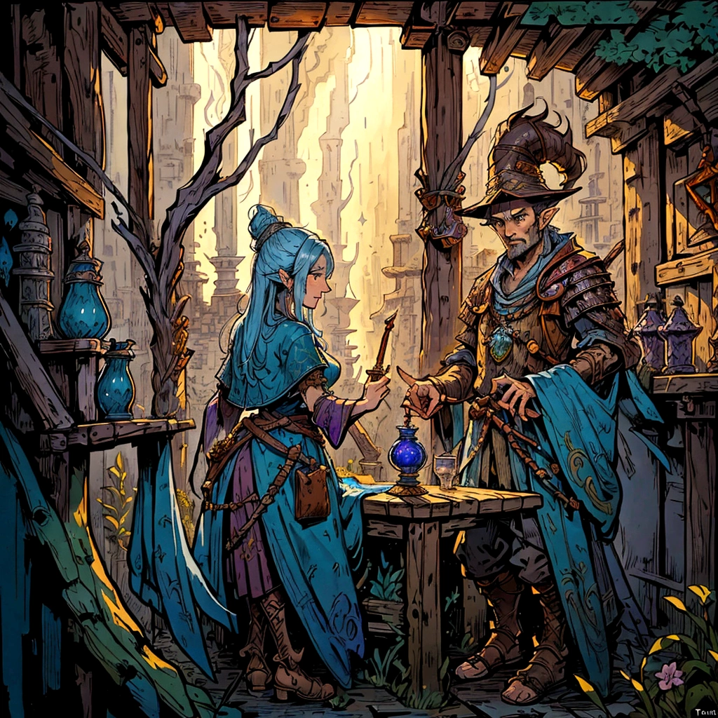 there is a painting of a man and woman standing in a hut, fantasy potion vendor interior, fantasy vendor interior, medieval fantasy game art, tavern background, detailed game art illustration, roleplaying game art, rpg scene, trading art station, detailed game art, fantasy tavern background, tyler edlin fantasy art, fantasy rpg book illustration, fantastic vendor interior, high quality dnd illustration