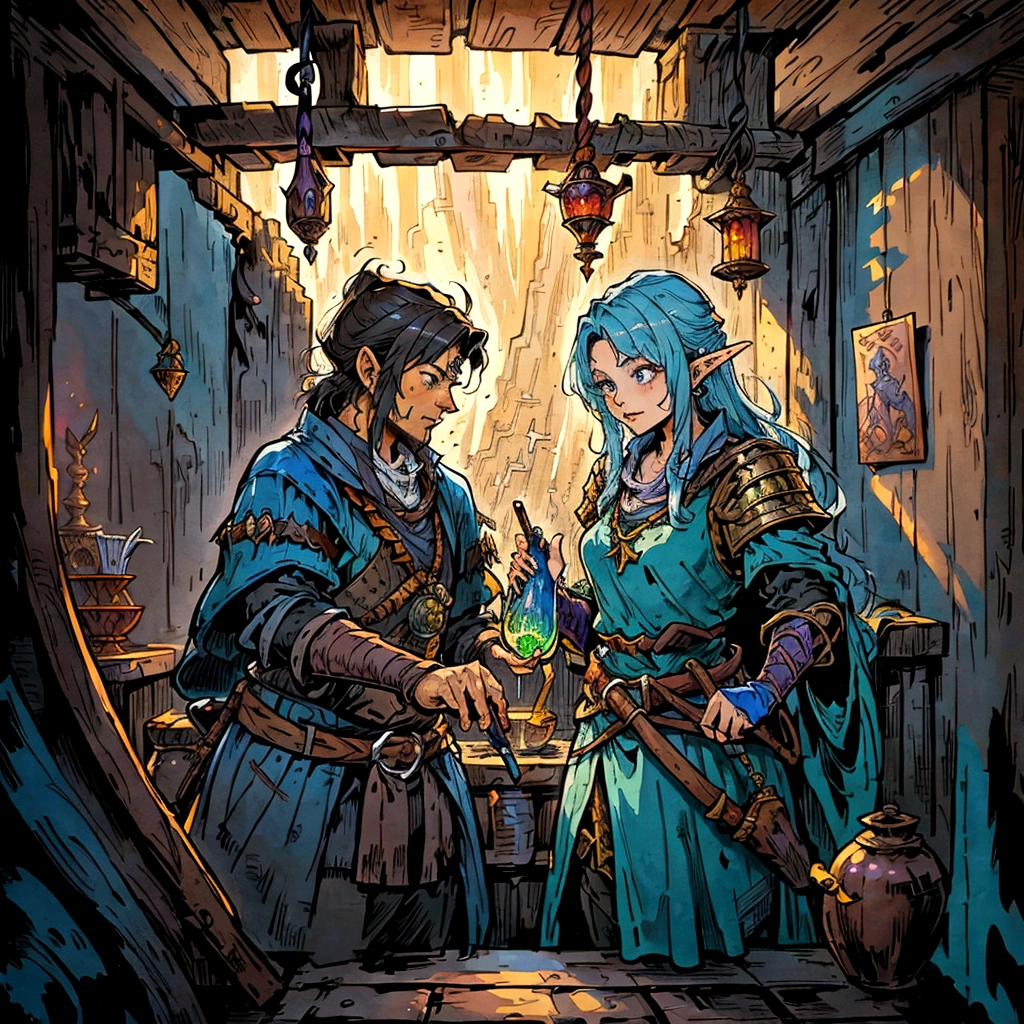 there is a painting of a man and woman standing in a hut, fantasy potion vendor interior, fantasy vendor interior, medieval fantasy game art, tavern background, detailed game art illustration, roleplaying game art, rpg scene, trading art station, detailed game art, fantasy tavern background, tyler edlin fantasy art, fantasy rpg book illustration, fantastic vendor interior, high quality dnd illustration