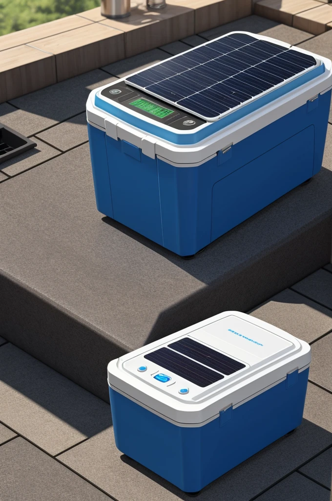 Make me a cooler type with the following characteristics Main Features 1. **Integrated Solar Panels*
2. **Evaporative Cooling System*
3. **Portability*
4. **Rechargeable battery*
5. **Speed control*
6. **Water level indicator