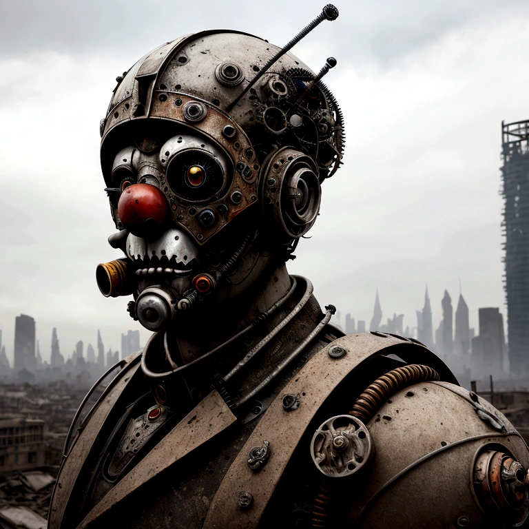 postapocalyptic photography, extreme high angle, a robotic clown in a ruined cityscape, mechanical melancholy, emotionless face, rusted parts, devastated city, broken lighting, overcast dawn, desolation, rust and steel, scattered focus, debris effects, apocalyptic theme, far future, shot on Nikon Z7 II, telephoto lens, 200mm, H.G. Wells style, futurism dystopian, mechanical despair, jagged metal, cracked concrete, isolation, despondency, city of clowns, fragmented vision