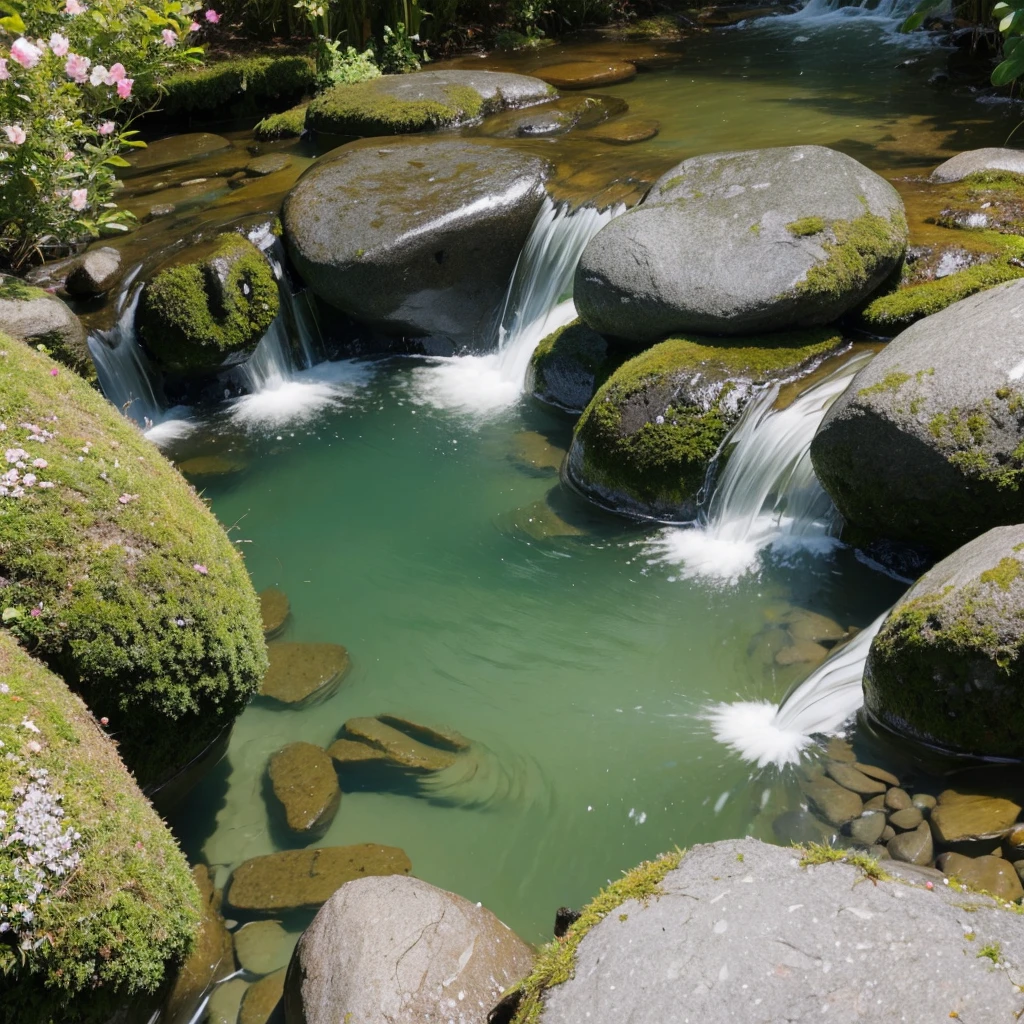 tmasterpiece,best qualityer,Close-up of the stream,A clear spring flowing through a crack in the stone,Crystal clear streams
