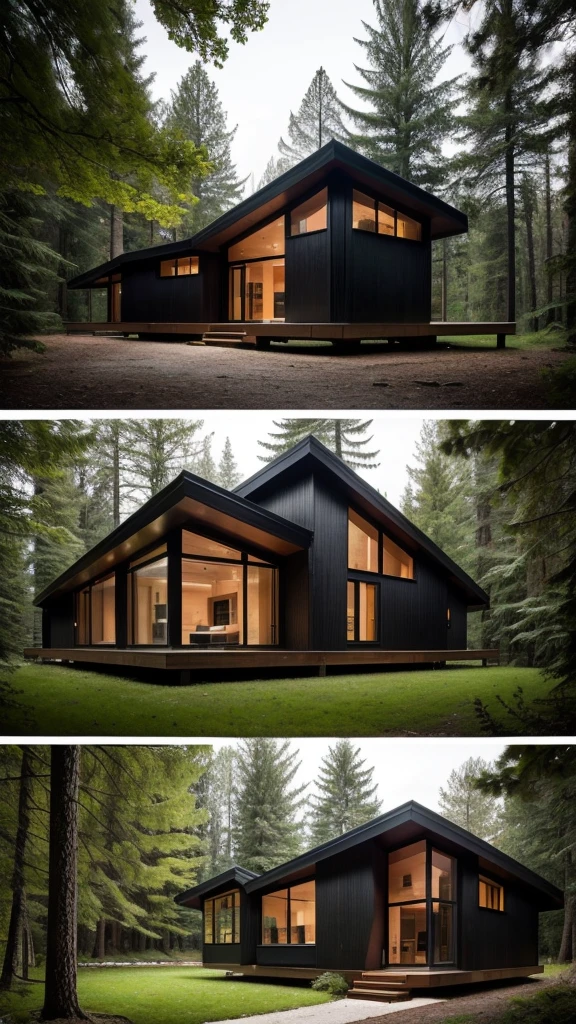 
a black house in the woods with a lot of windows, a digital rendering by Zack Stella, pixabay, modernism, minimalistic house in the wood, modern house in the wood, house in forest, house in the wood, build in a forest near of a lake, mix with rivendell architecture, sloped site, mid - century modern, mid-century modern