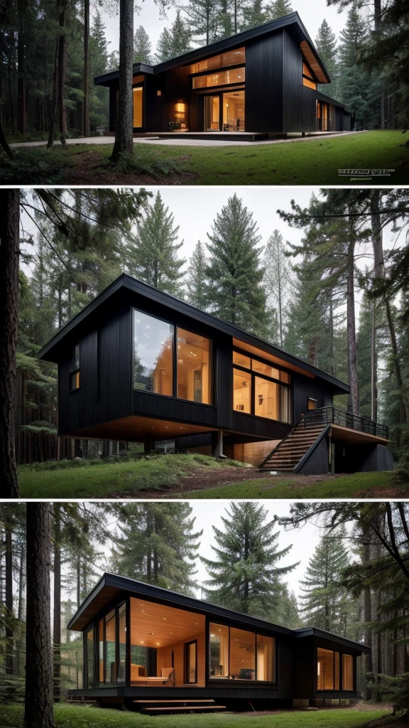 a black house in the woods with a lot of windows, a digital rendering by Zack Stella, pixabay, modernism, minimalistic house in the wood, modern house in the wood, house in forest, house in the wood, build in a forest near of a lake, mix with rivendell architecture, sloped site, mid - century modern, mid-century modern