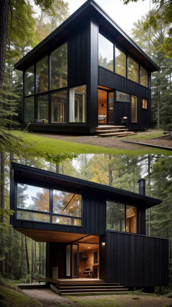 a black house in the woods with a lot of windows, a digital rendering by Zack Stella, pixabay, modernism, minimalistic house in the wood, modern house in the wood, house in forest, house in the wood, build in a forest near of a lake, mix with rivendell architecture, sloped site, mid - century modern, mid-century modern