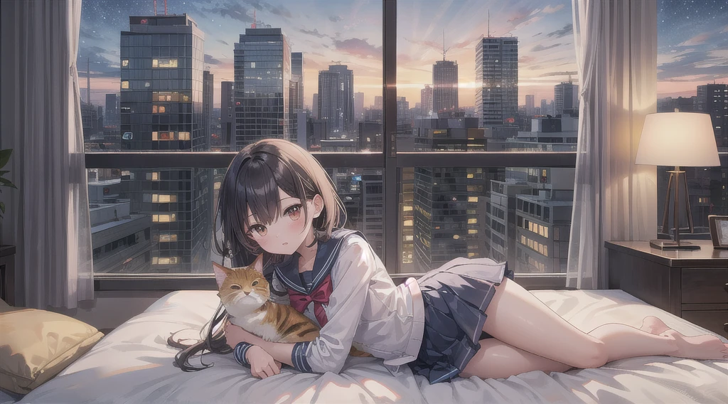 Highest quality（８ｋ）masterpiece、Time: Night（1.8）Lying on a bed by the window, holding a cute calico cat（1.8）、猫はSuper detailed（1.8）Clothing is high school uniform（1.8）The night view can be seen from the window（1.8）、A room in a high-rise apartment with very large windows（1.8）It&#39;s dim in the room.（1.8）、猫もSuper detailed、Identifying each and every hair（1.8）One girl、Very cute、Best Style、Hairstyle（long（1.8））The room is a high school girl&#39;s room（1.8）、There are no curtains、１７age、Firm and refreshing々Fresh skin。Plump legs、eye（Super detailed　1.8）Wearing makeup(2.0）