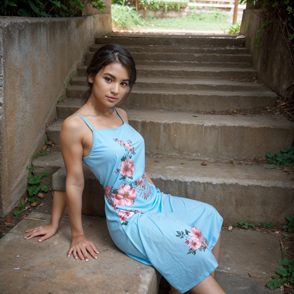 A Woman sitting on steps with legs crossed wearing a light blue frock with flowers designed on it, big , hot body, in a background of srilanka. pretty face.