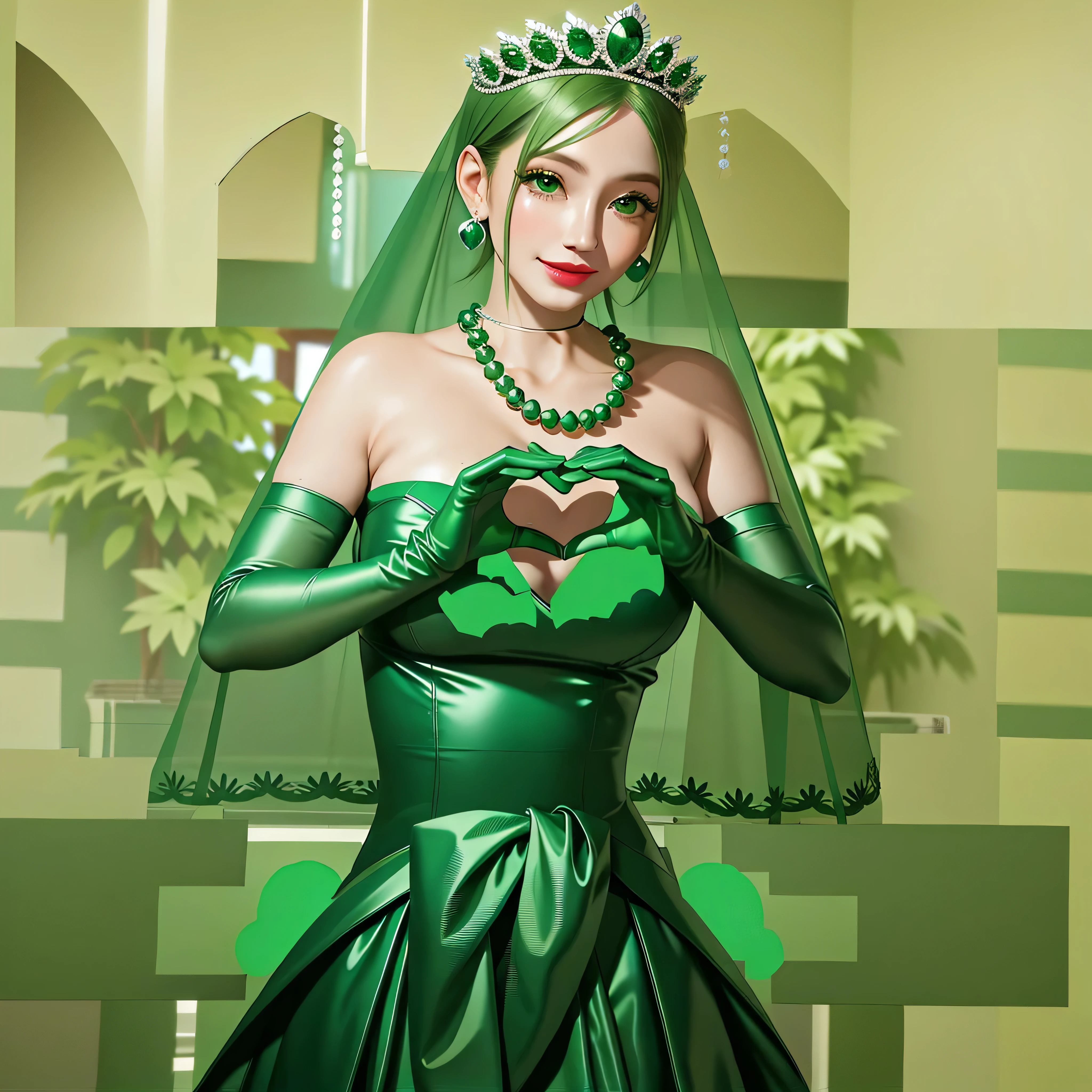 emerald tiara, Green Pearl Necklace, Boyish very short green hair, Green Lips, Smiling Japanese woman, Very short hair, Busty beautiful lady, Green Eyes, Green satin long gloves, Green Eyes, Emerald Earrings, Green veil, Heart with both hands, Green Hair, Beautiful Japanese Woman, Heart shaped hands:1.3, green lip gloss
