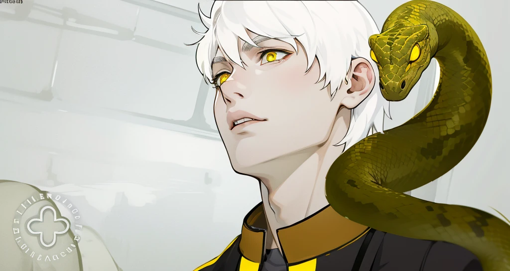He is talking, he opens his mouth and speaks calmly but he is intimidating. He has yellow eyes, white hair,  and has a yellow snake on his shoulder.