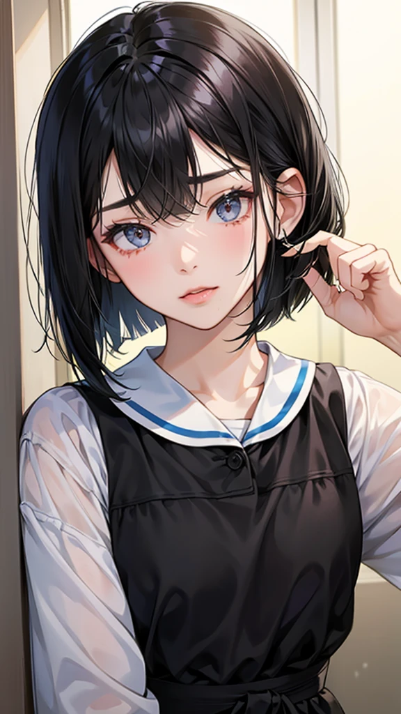 high school girl、Black hair bob cut、sweat、one's home、Midnight、Dark Room、kitchen、refrigerator、table、ramen、Fried rice、blush、cute、