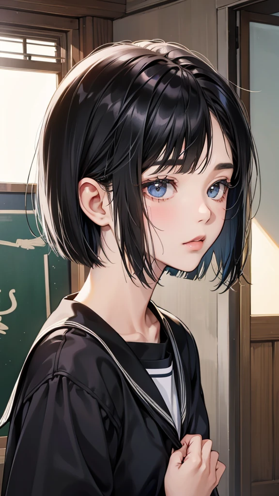 high school girl、Black hair bob cut、sweat、one's home、Midnight、Dark Room、kitchen、refrigerator、table、ramen、Fried rice、blush、cute、