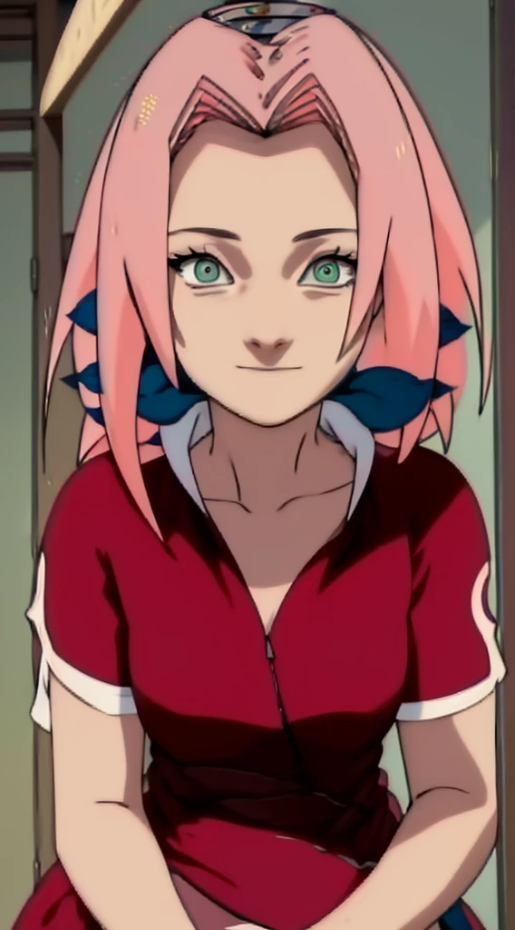 tmasterpiece, Best quality at best, 1girll, Sakura Haruno, Large breasts,Off-the-shoulder attire,(cleavage),(upperbody closeup),Raised sexy,is shy,ssmile,with pink hair, long whitr hair, (Green eyeballs:1.4), Forehead protection, the cherry trees,Cherry blossoms flying,Red clothes,Zipper half
