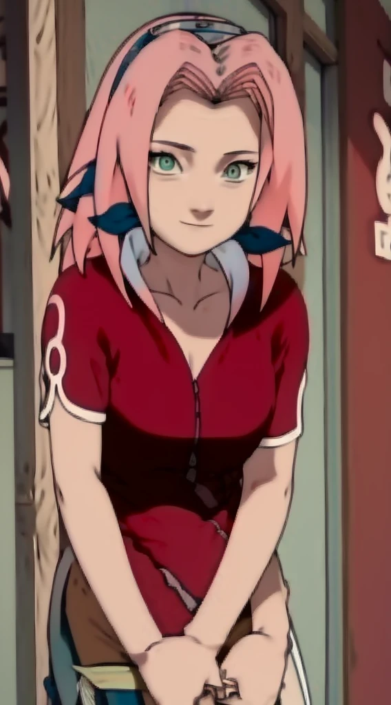 tmasterpiece, Best quality at best, 1girll, Sakura Haruno, Large breasts,Off-the-shoulder attire,(cleavage),(upperbody closeup),Raised sexy,is shy,ssmile,with pink hair, long whitr hair, (Green eyeballs:1.4), Forehead protection, the cherry trees,Cherry blossoms flying,Red clothes,Zipper half