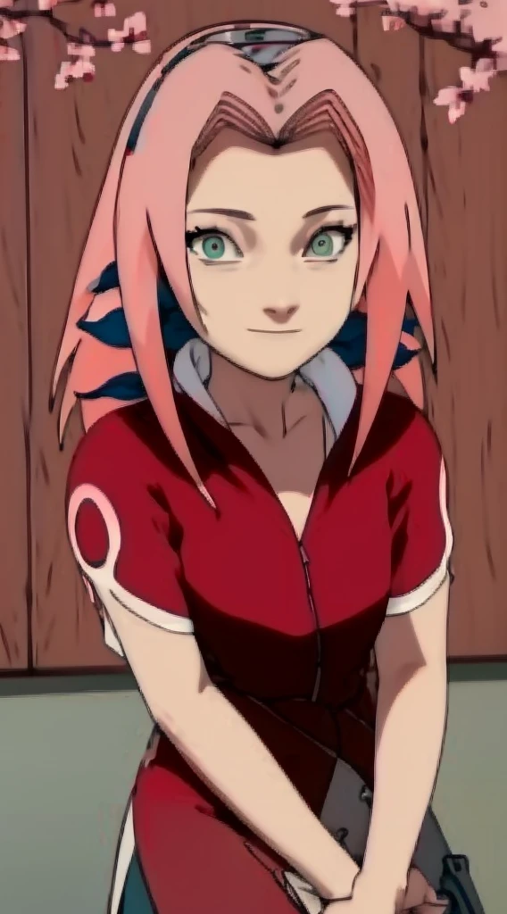 tmasterpiece, Best quality at best, 1girll, Sakura Haruno, Large breasts,Off-the-shoulder attire,(cleavage),(upperbody closeup),Raised sexy,is shy,ssmile,with pink hair, long whitr hair, (Green eyeballs:1.4), Forehead protection, the cherry trees,Cherry blossoms flying,Red clothes,Zipper half