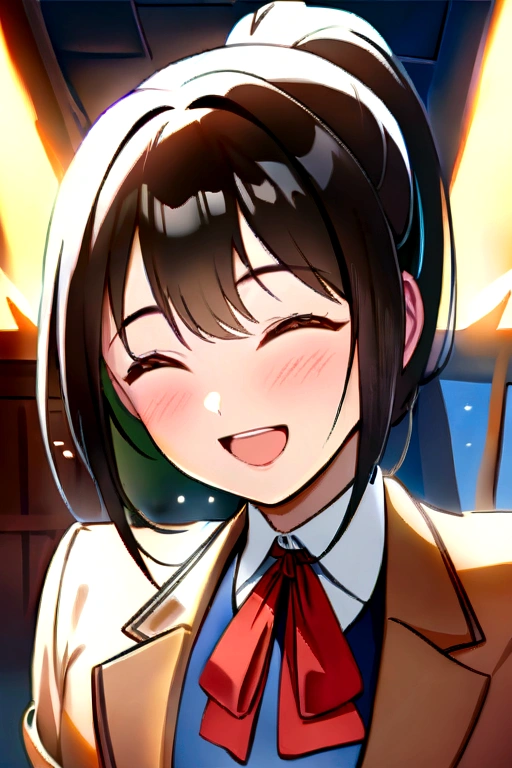 ((masterpiece)), (8K, expensive_solve), (clear_image), (Highest quality), (sunlight, Face reflected in the light), (Face reflected in the light:1.1), (meitantei conan \(style\), Detective Conan \(style\), meitantei conan), alone, Beautiful eyes and fine face, ((One girl, alone)), Medium chest, Wide Hips, (Abdominal muscles:0.8),(ponytail), (school uniform, ribbon), (blush, Happy, Happy smile, Laughter),