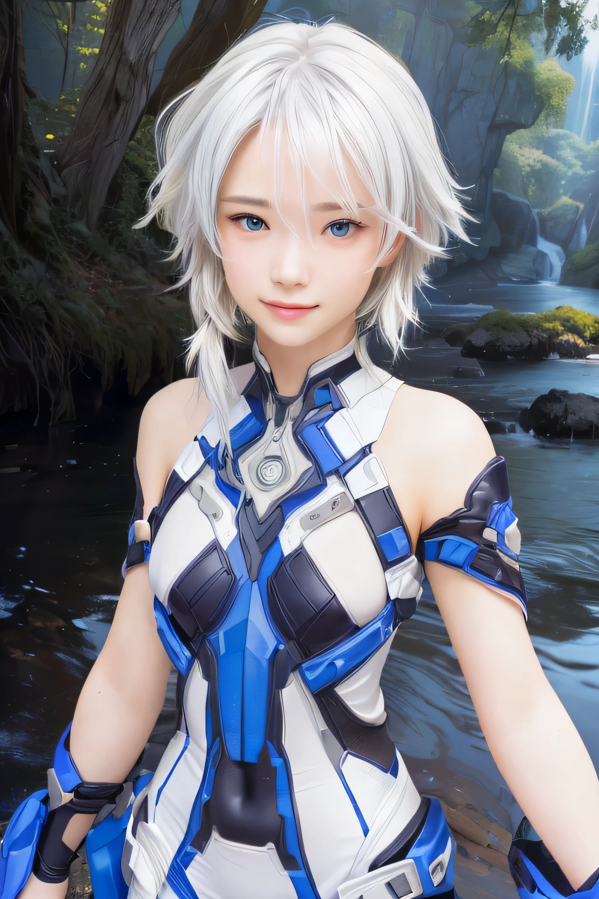 masterpiece, best quality, (realistic,photo-realistic:1.4), (RAW photo:1.2), extremely detailed CG unity 8k wallpaper, delicate and beautiful, amazing,finely detail, official art, absurdres, incredibly absurdres, huge filesize, ultra-detailed,extremely detailed eyes and face,light on face,(little smile),(long hair:1.4),(small breast:1.4),(nature background:1.4),(white hair:1.3),(wearing bodysuit:1.4),(sleveeless:1.3)