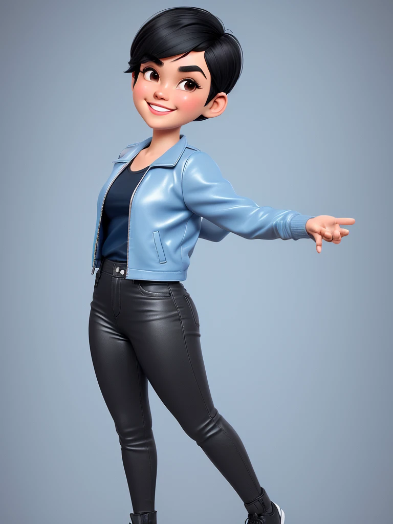 Create a 3D animation of a cartoon caricature with a big head. Full body. A 19 year old Indonesian woman. Her hair is short, black, and pixie cut. Her face is oval with fine lines, thick and neat black eyebrows, small narrow eyes, a small aquiline nose, and thin lips with a wide and friendly smile. She is wearing a light gray leather jacket over a white t-shirt. Gradient blue background with professional lighting. Masterpiece, best quality, highly detailed skin and face, very realistic, high definition, studio lighting, sharp focus, 1/4 body angle, Concept Art, 3D render.