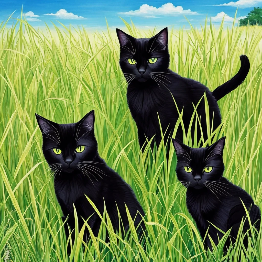 painting of a black cat sitting in a field of tall grass, by Yang J, warrior cats fan art, warrior cats, beautiful illustration, by Eizan Kikukawa, 🍁 cute, very very beautiful furry art, by Kamagurka, by Kubisi art, by Max Buri, beautiful anime art, by Ryan Yee, by Ren Xiong