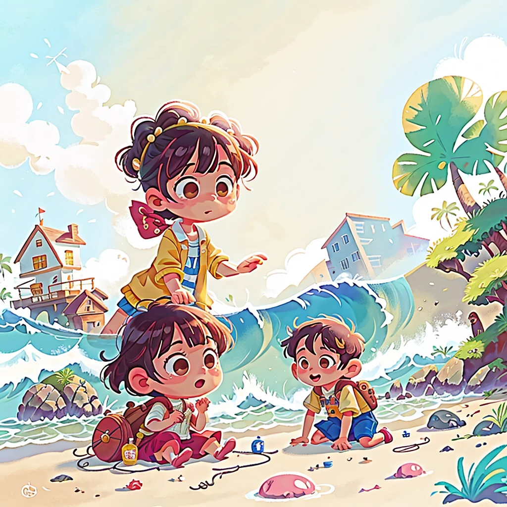 Quiet seaside village：Lily and George playing on the beach in the sun，Behind is the sparkling waves。