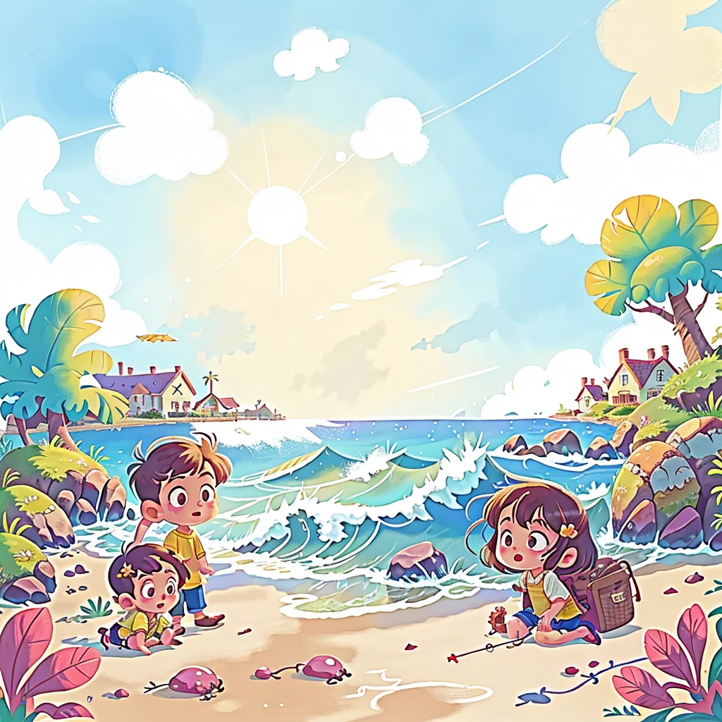 Quiet seaside village:Lily and George playing on the beach in the sun,Behind is the sparkling waves。