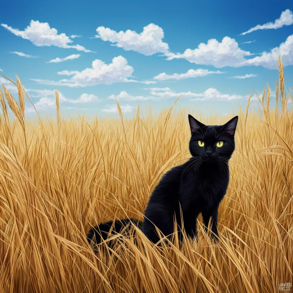 painting of a black cat sitting in a field of tall grass, a digital painting by Yang J, trending on cgsociety, conceptual art, warrior cats fan art, warrior cats, beautiful illustration, 🍁 cute, very very beautiful furry art, beautiful anime art, anime cat, 🌺 cgsociety, beautiful anime artwork, in a wheat field, gorgeous art