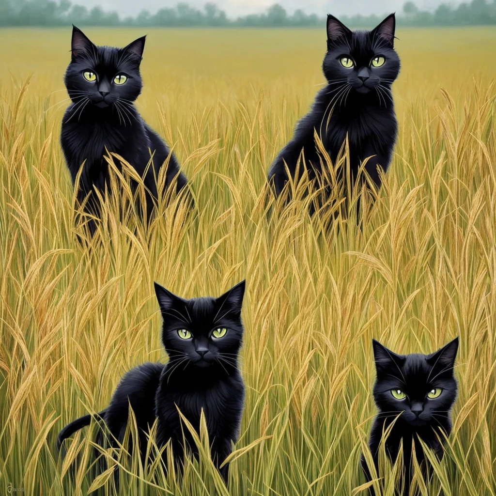 painting of a black cat sitting in a field of tall grass, a digital painting by Yang J, trending on cgsociety, conceptual art, warrior cats fan art, warrior cats, beautiful illustration, 🍁 cute, very very beautiful furry art, beautiful anime art, anime cat, 🌺 cgsociety, beautiful anime artwork, in a wheat field, gorgeous art