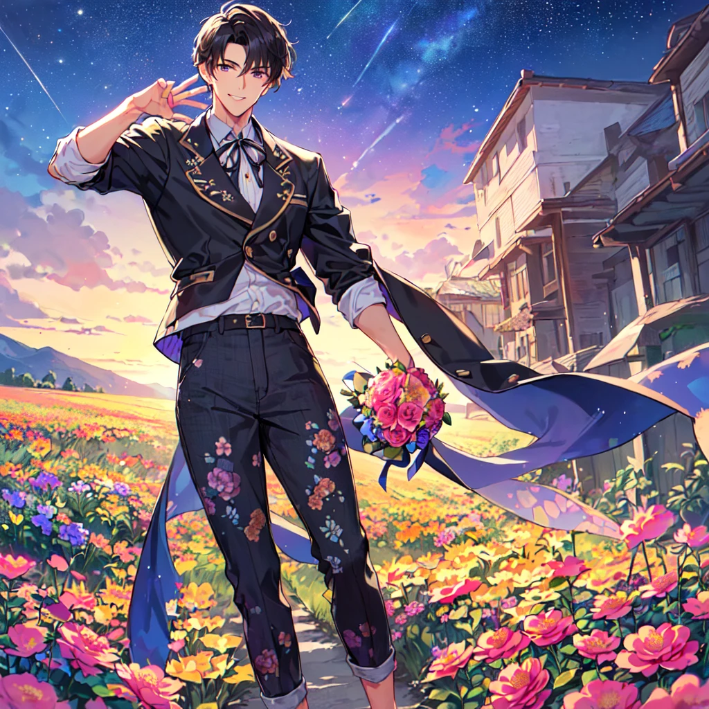 masterpiece,best quality,high quality,(1 male austere handsome solo adult age 30 years old:1.5), purple eyes, cool with suspended eyes, V-shaped eyebrows, body strong and fearless 8.5 head tall, height 185cm, (well-groomed black short hair down to neck:1.4), (bangs 7 thirds parted:1.4), slender nose,  muscles, throat, (pants with summer flower prints summer fashion:1.3), (holding a bouquet of summer flowers), (stylish pose), (fearless smile:1.3), (background summer flower field:1.3), (Night Sky:1.3)