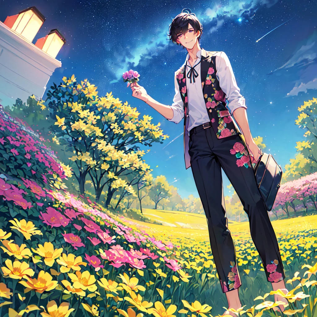 masterpiece,best quality,high quality,(1 male austere handsome solo adult age 30 years old:1.5), purple eyes, cool with suspended eyes, V-shaped eyebrows, body strong and fearless 8.5 head tall, height 185cm, (well-groomed black short hair down to neck:1.4), (bangs 7 thirds parted:1.4), slender nose, facial muscles, throat, (pants with summer flower prints summer fashion:1.3), (holding a bouquet of summer flowers), (stylish pose), (fearless smile:1.3), (background summer flower field:1.3), (Night Sky:1.3)