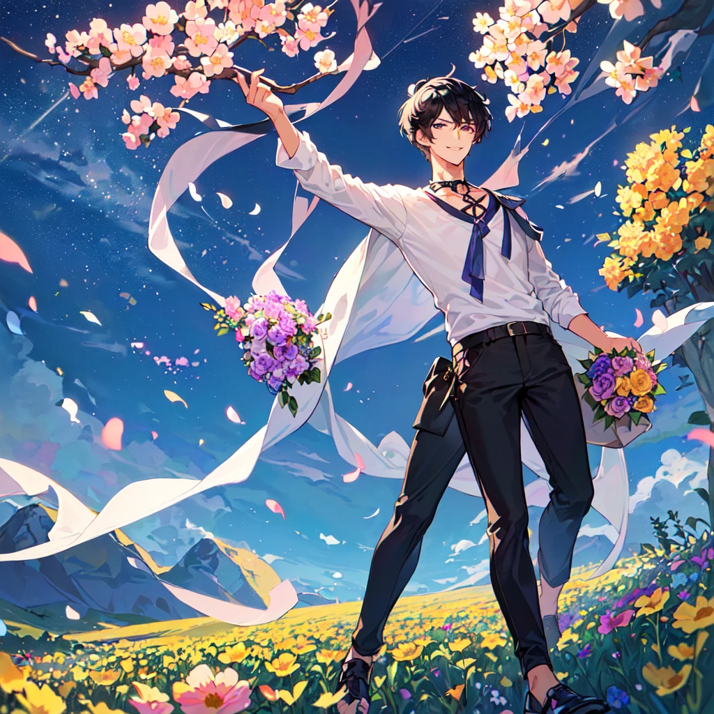 masterpiece,best quality,high quality,(1 male austere handsome solo adult age 30 years old:1.5), purple eyes, cool with suspended eyes, V-shaped eyebrows, body strong and fearless 8.5 head tall, height 185cm, (well-groomed black short hair down to neck:1.4), (bangs 7 thirds parted:1.4), slender nose, facial muscles, throat, (pants with summer flower prints summer fashion:1.3), (holding a bouquet of summer flowers), (stylish pose), (fearless smile:1.3), (background summer flower field:1.3), (Night Sky:1.3)