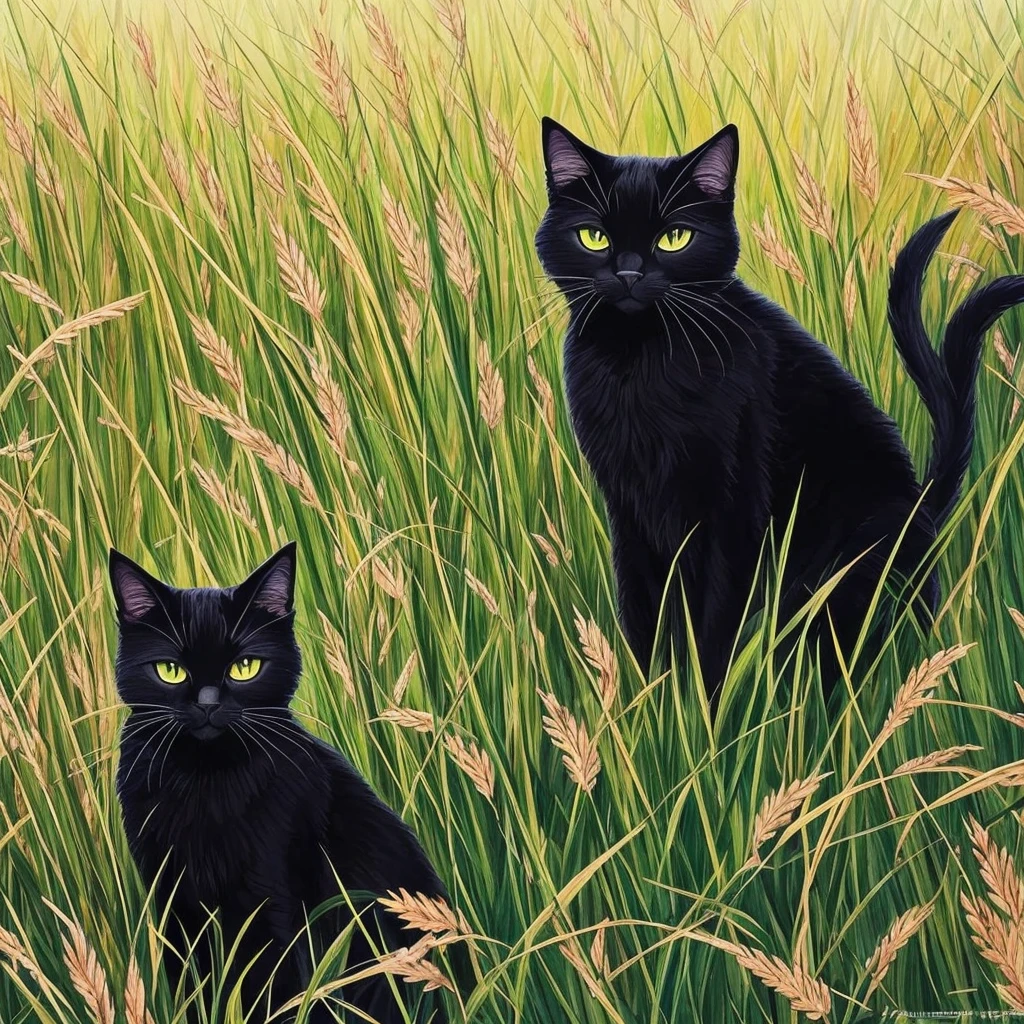 painting of a black cat sitting in a field of tall grass, by Yang J, warrior cats fan art, warrior cats, beautiful illustration, by Eizan Kikukawa, 🍁 cute, very very beautiful furry art, by Kamagurka, by Kubisi art, by Max Buri, beautiful anime art, by Ryan Yee, by Ren Xiong