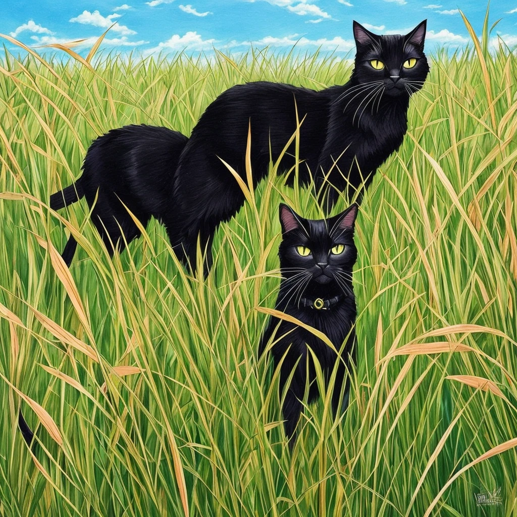 painting of a black cat sitting in a field of tall grass, by Yang J, warrior cats fan art, warrior cats, beautiful illustration, by Eizan Kikukawa, 🍁 cute, very very beautiful furry art, by Kamagurka, by Kubisi art, by Max Buri, beautiful anime art, by Ryan Yee, by Ren Xiong
