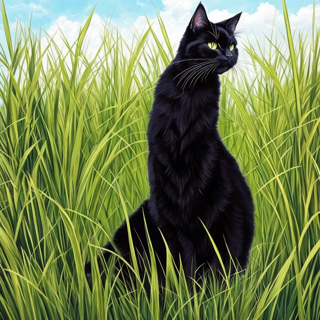 painting of a black cat sitting in a field of tall grass, by Yang J, warrior cats fan art, warrior cats, beautiful illustration, by Eizan Kikukawa, 🍁 cute, very very beautiful furry art, by Kamagurka, by Kubisi art, by Max Buri, beautiful anime art, by Ryan Yee, by Ren Xiong