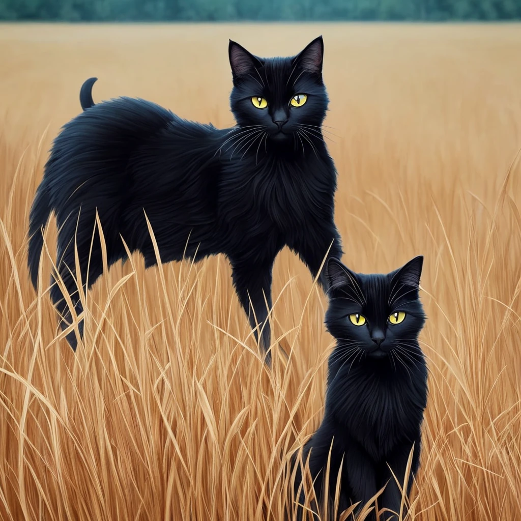 painting of a black cat sitting in a field of tall grass, a digital painting by Yang J, trending on cgsociety, conceptual art, warrior cats fan art, warrior cats, beautiful illustration, 🍁 cute, very very beautiful furry art, beautiful anime art, anime cat, 🌺 cgsociety, beautiful anime artwork, in a wheat field, gorgeous art