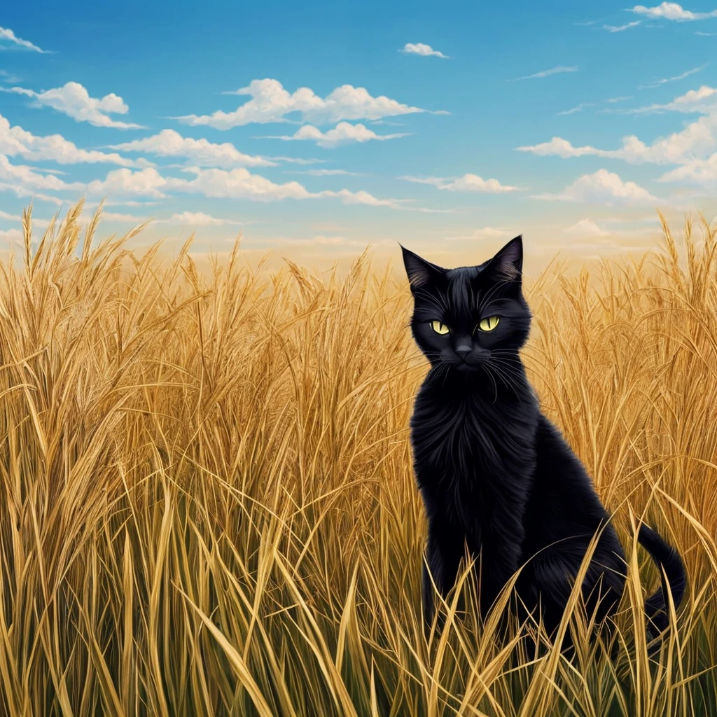 painting of a black cat sitting in a field of tall grass, a digital painting by Yang J, trending on cgsociety, conceptual art, warrior cats fan art, warrior cats, beautiful illustration, 🍁 cute, very very beautiful furry art, beautiful anime art, anime cat, 🌺 cgsociety, beautiful anime artwork, in a wheat field, gorgeous art