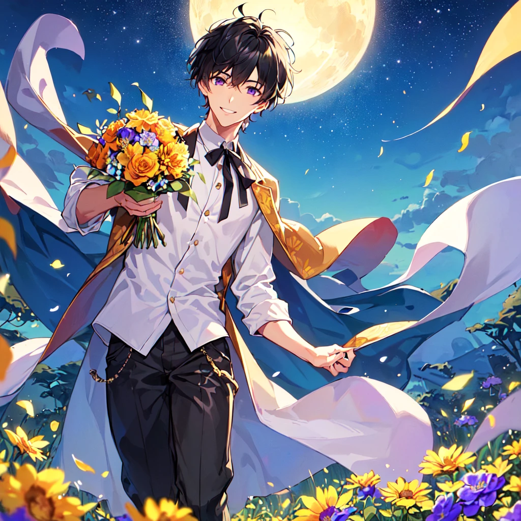 masterpiece,best quality,high quality,(1 male austere handsome solo adult age 30 years old:1.5), purple eyes, cool with suspended eyes, V-shaped eyebrows, body strong and fearless 8.5 head tall, height 185cm, (well-groomed black short hair down to neck:1.4), (bangs 7 thirds parted:1.4), slender nose, facial muscles, throat, (pants with summer flower prints summer fashion:1.3), (holding a bouquet of summer flowers), (stylish pose), (fearless smile:1.3), (background summer flower field:1.3), (Night Sky:1.3)