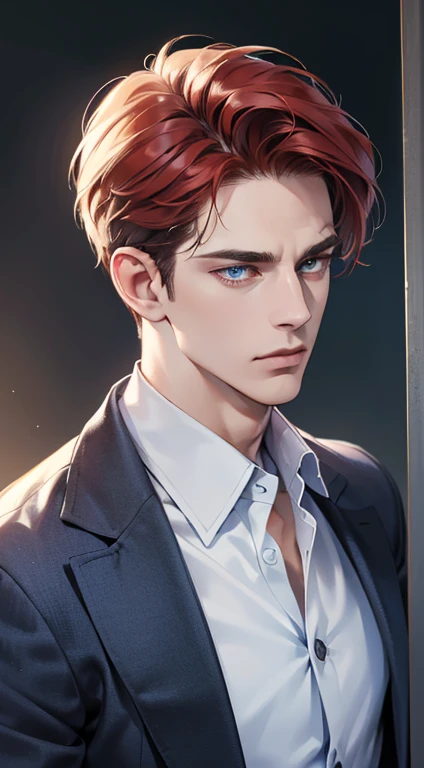 (best quality, masterpiece, 8K, photorealistic, cinematic lighting, 1:4 hdr image, ultra detailed, beautiful image), a mature man, 34 years very handsome, ((cold expression)), short red hair, blue eyes, face perfect without mistakes, ((buttoning his jacket, CEO))