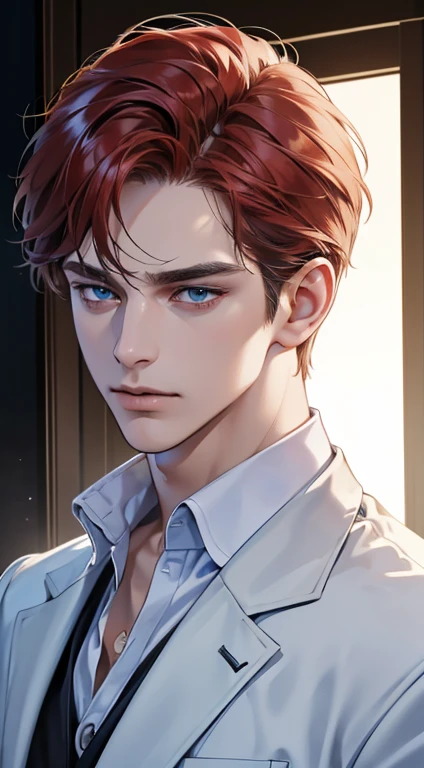 (best quality, masterpiece, 8K, photorealistic, cinematic lighting, 1:4 hdr image, ultra detailed, beautiful image), a mature man, 34 years very handsome, ((cold expression)), short red hair, blue eyes, face perfect without mistakes, ((buttoning his jacket, CEO))