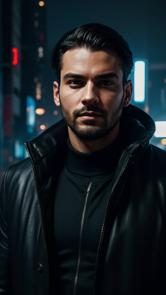 facial portrait, a man, with black coat, cyberpunk